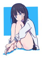 Rule 34 | bare legs, black hair, black skirt, blouse, blue background, blue eyes, closed mouth, crossed legs, feet together, full body, gluteal fold, gridman universe, hatsukoizoe, head rest, head tilt, highres, holding legs, knees to chest, knees up, legs together, long hair, long sleeves, looking at viewer, neck ribbon, own hands together, panties, pleated shirt, pleated skirt, red ribbon, ribbon, school uniform, shirt, simple background, sitting, skirt, ssss.gridman, sweater, sweater vest, takarada rikka, thighs, toes, two-tone background, underwear, very long hair, white background, white panties, white shirt