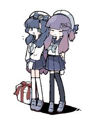 2girls arms_behind_back bb_15hz black_thighhighs blue_bow blue_eyes blue_hair blue_sailor_collar blue_skirt blush bow box closed_eyes flying_sweatdrops full_body gift gift_box gloves hat kantai_collection long_hair long_sleeves lowres matsuwa_(kancolle) multiple_girls neckerchief open_mouth pleated_skirt purple_hair sailor_collar school_uniform serafuku shoes simple_background skirt smile socks standing thighhighs tsushima_(kancolle) white_background white_gloves white_hat white_socks