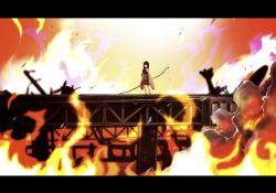 Rule 34 | 10s, 1girl, aircraft, aircraft carrier, airplane, akagi (aircraft carrier), akagi (kancolle), black eyes, black hair, boushi-ya, bow (weapon), burning, fire, gloves, gradient background, highres, historical name connection, japanese clothes, kantai collection, letterboxed, long hair, military, military vehicle, muneate, name connection, object namesake, partially fingerless gloves, partly fingerless gloves, red skirt, ship, skirt, solo, thighhighs, warship, watercraft, weapon, white thighhighs, yugake, zettai ryouiki