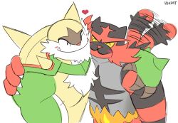 2boys arm_around_shoulder artist_name blush chesnaught claws closed_eyes closed_mouth commentary creatures_(company) english_commentary facing_viewer fangs fangs_out furry furry_male game_freak gen_6_pokemon gen_7_pokemon hammyart heart incineroar looking_at_viewer male_focus multiple_boys nintendo one_eye_closed pokemon pokemon_(creature) smile tail tail_wagging white_background