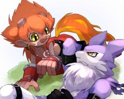 Rule 34 | 2boys, belt, digimon, earrings, flamon, green eyes, highres, jewelry, looking at another, multiple boys, strabimon, tail, yellow eyes