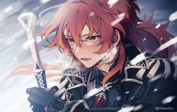 Rule 34 | 1boy, bad id, bad twitter id, black jacket, blush, breath, diluc (genshin impact), genshin impact, gloves, hair between eyes, holding, holding sword, holding weapon, jacket, long hair, male focus, open mouth, red eyes, red hair, sidelocks, snow, snowing, solo, sumima, sword, twitter username, weapon