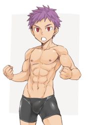 Rule 34 | 1boy, abs, bulge, crotch, looking at viewer, male focus, muscular, open mouth, purple hair, red eyes, solo, torakichi (ebitendon)