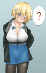 Rule 34 | 1girl, ?, arms behind back, belt, black jacket, black pantyhose, blonde hair, blue background, blue eyes, blue skirt, breasts, cleavage, closed mouth, girls&#039; frontline, hair ornament, jacket, large breasts, looking at viewer, medium hair, mole, mole under eye, open clothes, open jacket, pantyhose, shirt, skirt, snowflake hair ornament, solo, standing, taishi karibe, vsk-94 (girls&#039; frontline), white shirt