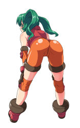 Rule 34 | 00s, 1girl, android, ass, bent over, female focus, from behind, full body, green eyes, green hair, kouda tomohiro, legs apart, matching hair/eyes, simple background, solo, solty rei, solty revant, spandex, standing, tareme, white background