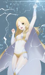Rule 34 | 1girl, armpits, blonde hair, bodystocking, breasts, cape, cleavage, cosplay, covered navel, dark mage (fire emblem fates), dhokidoki, fire emblem, fire emblem awakening, fire emblem fates, green eyes, hair down, highres, lissa (fire emblem), long hair, nintendo, one eye closed, ophelia (fire emblem), ophelia (fire emblem) (cosplay), see-through, small breasts, smile, solo, thighs