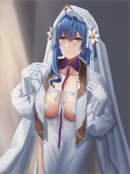 1girl absurdres artist_name blue_hair blush breasts bridal_veil cleavage collarbone commentary cozie178 dp-12_(girls&#039;_frontline) dp-12_(misty_cross)_(girls&#039;_frontline) dress english_commentary feet_out_of_frame girls&#039;_frontline gloves grey_eyes highres huge_breasts japanese_clothes kimono large_breasts long_hair long_sleeves looking_at_viewer official_alternate_costume open_mouth simple_background solo standing uchikake veil wedding_dress white_dress white_gloves