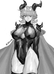Rule 34 | 1girl, armor, arms behind back, breasts, cape, closed mouth, collarbone, greyscale, highres, horns, ierotak, leotard, mole, mole under eye, monochrome, original, pauldrons, pointy ears, see-through, short hair, shoulder armor, simple background, sketch, solo, thighhighs, turtleneck, white background