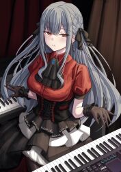 Rule 34 | 1girl, absurdres, ascot, bang dream!, bang dream! it&#039;s mygo!!!!!, black ascot, black corset, black gloves, black ribbon, black skirt, blue hair, chin gero, collared shirt, commentary request, corset, curtains, earrings, gloves, highres, indoors, instrument, jewelry, keyboard (instrument), long hair, looking at viewer, music, orange eyes, parted lips, playing instrument, playing piano, red shirt, ribbon, shirt, short sleeves, skirt, solo, togawa sakiko, two side up