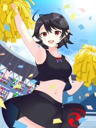 Rule 34 | 1girl, :d, adapted costume, ahoge, alternate costume, arm up, armpits, bike shorts, black hair, black shirt, black skirt, breasts, cheerleader, confetti, cowboy shot, crop top, highres, holding, holding pom poms, houjuu nue, looking at viewer, medium breasts, midriff, miniskirt, navel, no wings, open mouth, pointy ears, pom pom (cheerleading), pom poms, red eyes, sanity3519 (user mvfv4345), shirt, short hair, shorts, shorts under skirt, skirt, sleeveless, sleeveless shirt, smile, solo, stadium, standing, tank top, thighs, touhou, touhou lostword