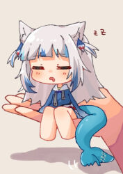 Rule 34 | 1girl, 1other, = =, animal ears, barefoot, blue hair, blunt bangs, blush, cat ears, chibi, commentary request, drooling, fins, fish tail, gawr gura, grey hair, hair ornament, hololive, hololive english, in palm, kemonomimi mode, kurushiro1102, long hair, mini person, minigirl, mouth drool, multicolored hair, open mouth, shark hair ornament, shark tail, sidelocks, sitting, sleeping, streaked hair, tail, tail wagging, two side up, virtual youtuber, zzz