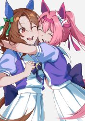 2girls animal_ears back_bow bow brown_eyes brown_hair closed_eyes danboru_(jdanboru1182) ear_bow ear_covers hair_between_eyes hair_bow haru_urara_(umamusume) headband highres horse_ears horse_girl horse_tail hug king_halo_(umamusume) long_hair multiple_girls one_eye_closed open_mouth pink_hair pleated_skirt ponytail puffy_short_sleeves puffy_sleeves purple_shirt sailor_collar school_uniform shirt short_sleeves sidelocks skirt smile tail tracen_school_uniform two-tone_shirt umamusume white_skirt