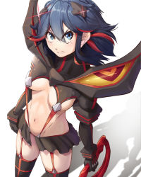 Rule 34 | 1girl, angry, black gloves, black hair, black thighhighs, blue eyes, breasts, closed mouth, gloves, hair ornament, highres, kill la kill, looking up, matoi ryuuko, medium breasts, multicolored hair, navel, nico-mo, pleated skirt, red hair, revealing clothes, senketsu, shadow, short hair, simple background, skirt, solo, sword, thighhighs, two-tone hair, weapon, white background