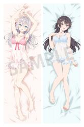 Rule 34 | 2girls, ahoge, alisa mikhailovna kujou, armpit crease, armpits, arms up, artist request, babydoll, bare arms, bare legs, bare shoulders, barefoot, bed sheet, black eyes, black hair, blue babydoll, blue eyes, blush, breasts, camisole, cleavage, collarbone, commentary request, covered navel, dakimakura (medium), double dakimakura (medium), frilled babydoll, frilled straps, frills, furrowed brow, grey hair, hand up, highres, knees together feet apart, large breasts, legs, lingerie, long hair, lying, medium breasts, multiple girls, naughty face, official art, on back, open mouth, panties, pillow, pink babydoll, pink panties, sample watermark, see-through, see-through babydoll, smile, suou yuki, toes, tokidoki bosotto roshia-go de dereru tonari no arya-san, underwear, watermark