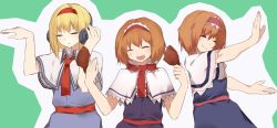 Rule 34 | 3girls, = =, alice margatroid, blonde hair, blue dress, blush, capelet, closed eyes, closed mouth, collared capelet, commentary request, cookie (touhou), cowboy shot, dress, food, fried chicken, frilled capelet, frilled hairband, frilled neckwear, frills, hairband, headphones, highres, hinase (cookie), holding, holding food, multiple girls, multiple persona, necktie, open mouth, orange hair, pink hairband, red hairband, red necktie, red sash, rizeass, sash, short hair, smile, touhou, white capelet
