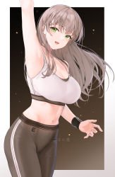 Rule 34 | 1girl, absurdres, arm up, armpits, artist name, black background, breasts, brown background, cleavage, commentary, cowboy shot, gohan oni, green eyes, grey hair, groin, highres, large breasts, long hair, looking at viewer, midriff, navel, open mouth, original, outside border, pants, skin tight, smile, solo, sports bra, sportswear, standing, sweat, symbol-only commentary, wind, wristband, yoga pants