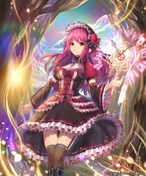 Rule 34 | 1girl, black thighhighs, blush, bonnet, closed mouth, detached sleeves, dress, highres, long hair, looking at viewer, original, pink hair, red eyes, solo, tanzzi, thighhighs