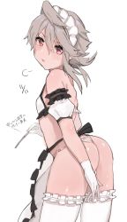Rule 34 | 1boy, alternate costume, apron, arched back, arm behind back, arm garter, ass, bad id, bad pixiv id, bare shoulders, bikini, corrin (fire emblem), corrin (male) (fire emblem), crossdressing, enmaided, eyebrows, fire emblem, fire emblem fates, frilled apron, frilled bikini, frilled thighhighs, frills, from side, gloves, hair between eyes, highres, looking at viewer, looking back, maid, maid apron, maid headdress, male focus, micro bikini, nintendo, parted lips, pointy ears, red eyes, shiny skin, silver hair, simple background, single sidelock, solo, standing, sweatdrop, swimsuit, thighhighs, trap, v-shaped eyebrows, w (1999 kyu), white background, white gloves, white thighhighs