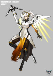 Rule 34 | 1girl, armor, bad id, bad pixiv id, black eyes, boots, garayann, grey background, halo, highres, mechanical halo, mechanical wings, mercy (overwatch), overwatch, overwatch 1, pantyhose, ponytail, simple background, skin tight, smile, solo, wings, yellow wings