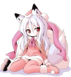 Rule 34 | 1girl, animal ears, boots, brown cape, cape, closed mouth, commentary request, concon-collector, dress, eyebrows hidden by hair, fox ears, fox girl, fox tail, hair between eyes, long hair, meta&#039;36, neck ribbon, pink ribbon, pom pom (clothes), red eyes, red footwear, red thighhighs, ribbon, sack, santa costume, santa dress, short dress, simple background, sitting, solo, tail, thighhighs, white background, white hair