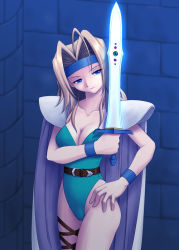 Rule 34 | 1990s (style), 1girl, blonde hair, blue eyes, breasts, cape, celes chere, cleavage, female focus, final fantasy, final fantasy vi, headband, large breasts, leotard, long hair, solo, sword, vision (artist), weapon