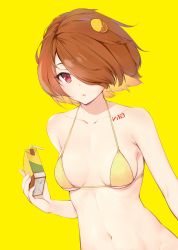 Rule 34 | 1girl, :o, absurdres, bad id, bad pixiv id, bikini, bottomless, breasts, brown hair, collarbone, drinking straw, fei mao, food, food-themed hair ornament, fruit, hair ornament, hair over one eye, highres, holding, juice box, lemon, lemon hair ornament, lemon slice, looking at viewer, medium breasts, micro bikini, navel, original, out-of-frame censoring, red eyes, solo, swimsuit, upper body, wind, yellow background, yellow bikini