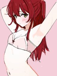 Rule 34 | 1girl, absurdres, armpits, arms up, blush, bocchi the rock!, bra, breasts, commentary request, embarrassed, green eyes, highres, kita ikuyo, long hair, looking at viewer, navel, one side up, pink background, pink bra, presenting armpit, red hair, revision, simple background, small breasts, solo, sweat, ukitaryu, underwear, underwear only, upper body
