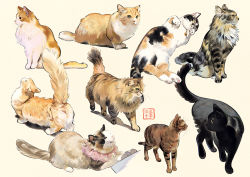 Rule 34 | animal focus, black cat, brown headwear, calico, cat, fluffy, hat, looking back, multiple cats, no humans, original, sepia, simple background, sitting, umishima senbon, walking, white cat