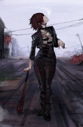 Rule 34 | 1girl, ankle boots, arm support, bag, baseball bat, black jacket, black pants, blood, bloody weapon, boots, cigarette, copyright request, cropped jacket, grey sky, highres, holding, holding bag, holding cigarette, jacket, open clothes, open jacket, outdoors, pants, ratatatat74, red hair, road, sky, smoke, smoking, solo, standing, weapon
