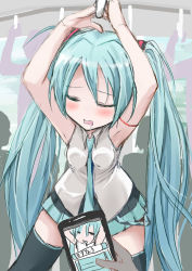 Rule 34 | 1girl, aqua hair, armpits, arms up, blush, character name, closed eyes, hand grip, hatsune miku, long hair, necktie, open mouth, poipoi purin, saliva, skirt, sleeping, sleeping upright, solo, thighhighs, train, train interior, twintails, very long hair, vocaloid