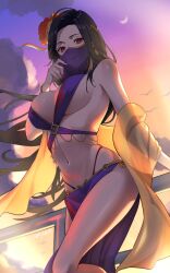 Rule 34 | 1girl, alternate costume, arabian clothes, bare shoulders, belly chain, black hair, breasts, cleavage, flower, goddess of victory: nikke, hair flower, hair ornament, harem outfit, highres, jewelry, large breasts, long hair, looking at viewer, maiden (nikke), mouth veil, navel, parted bangs, red eyes, red flower, relentless, sideboob, solo, sunset, veil