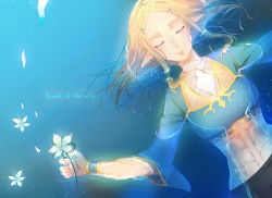 Rule 34 | 1girl, bracer, closed eyes, copyright name, eyebrows, floating, flower, forehead, hair down, hair ornament, hairclip, long hair, lying, mochimochi dando, nintendo, on back, parted bangs, pointy ears, princess zelda, silent princess, solo, the legend of zelda, the legend of zelda: breath of the wild, water