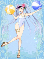 Rule 34 | 1girl, ;d, ball, beachball, blue background, blue eyes, dairoku ryouhei, dual wielding, flower, grey hair, hair flower, hair ornament, holding, l (matador), long hair, one-piece swimsuit, one eye closed, open mouth, sandals, simple background, smile, solo, swimsuit, thighlet, twintails, very long hair, visor cap, white one-piece swimsuit