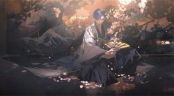 Rule 34 | 1boy, absurdres, bishounen, black kimono, blue eyes, blue hair, blue hakama, cherry blossoms, clarence clayden, closed mouth, falling petals, flower, folding fan, full body, glasses, hakama, hakama pants, hand fan, haori, highres, holding, holding fan, jacket, japanese clothes, kimono, layered sleeves, light smile, long sleeves, looking at viewer, lovebrush chronicles, male focus, open clothes, open jacket, pants, parted bangs, petals, pink flower, reflection, reflective water, short hair, short kimono, shouji, shule de yu, sitting on liquid, sliding doors, solo, white jacket, white sleeves, wide sleeves