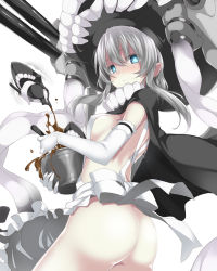 Rule 34 | 10s, 1girl, abyssal ship, apron, ass, blue eyes, blush, bowl, breasts, chocolate, elbow gloves, gintarou (kurousagi108), gloves, hat, kantai collection, long hair, naked apron, open mouth, pale skin, parted lips, sideboob, silver hair, simple background, solo, white background, white gloves, wo-class aircraft carrier