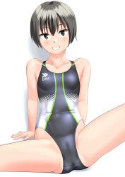 Rule 34 | 1girl, absurdres, black hair, black one-piece swimsuit, breasts, cameltoe, collarbone, commentary request, competition swimsuit, green eyes, grin, highres, logo, looking at viewer, multicolored clothes, multicolored swimsuit, one-piece swimsuit, original, short hair, simple background, small breasts, smile, solo, spread legs, standing, swimsuit, takafumi, tomboy, two-tone swimsuit, variant set, white background