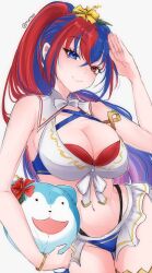 1girl alear_(female)_(fire_emblem) alear_(female)_(seaside_dragon)_(fire_emblem) alear_(fire_emblem) bikini blue_bikini blue_eyes blue_hair bow bowtie breasts character_ball cleavage criss-cross_halter crossed_bangs fire_emblem fire_emblem_engage fire_emblem_heroes flower gold_armlet hair_flower hair_ornament halterneck heterochromia highres long_hair multicolored_bikini multicolored_clothes multicolored_hair multicolored_swimsuit nintendo official_alternate_costume official_alternate_hairstyle ponytail red_bikini red_eyes red_hair serafineart1001 solo sommie_(fire_emblem) split-color_hair swimsuit two-tone_hair white_bikini white_bow white_bowtie