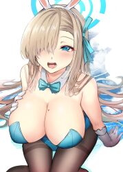 Rule 34 | 1girl, animal ears, asuna (blue archive), asuna (bunny) (blue archive), blue archive, blue leotard, blush, breasts, cleavage, collarbone, detached collar, fake animal ears, gin&#039;ichi (akacia), gloves, hair tie, large breasts, leotard, long hair, looking at viewer, open mouth, pantyhose, rabbit ears, sitting, solo, thighband pantyhose, very long hair, white gloves, wrist cuffs