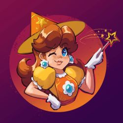Rule 34 | 1girl, blue eyes, breasts, brown hair, earrings, flower earrings, gloves, grin, hand on own hip, hat, jewelry, looking at viewer, magic, mario (series), mario party, mario party 2, mario party superstars, nintendo, one eye closed, princess daisy, puffy short sleeves, puffy sleeves, short sleeves, smile, solo, upper body, wink, wizard hat