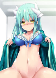 Rule 34 | 1girl, blue bra, blush, bottomless, bra, breasts, cleavage, collarbone, dragon girl, dragon horns, fate/grand order, fate (series), green hair, green kimono, horns, japanese clothes, kimono, kiyohime (fate), long hair, long sleeves, looking at viewer, medium breasts, multiple horns, navel, open clothes, sen (astronomy), smile, solo, spread legs, thighs, underwear, wide sleeves, yellow eyes