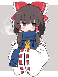 Rule 34 | 1girl, ascot, bare shoulders, black eyes, black hair, blue scarf, bow, detached sleeves, hair bow, hair tubes, hakurei reimu, ini (inunabe00), japanese clothes, medium hair, nontraditional miko, open mouth, red bow, ribbon-trimmed sleeves, ribbon trim, scarf, sidelocks, solo, touhou, upper body, wide sleeves, yellow ascot