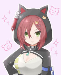 Rule 34 | 1girl, animal background, animal ears, animal hood, arm at side, artist name, assault lily, bear hair ornament, black choker, breasts, cat ears, cat hood, choker, cleavage, closed mouth, commentary request, fake animal ears, green eyes, hair between eyes, hair ornament, hairclip, hand on own hip, hatsukano you, hood, hood up, inoguchi minto, light blush, long sleeves, looking at viewer, medium breasts, official alternate costume, photoshop (medium), pink background, red eyes, shirt, shrug (clothing), solo, sparkle background, upper body, white shirt, x hair ornament