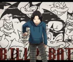 Rule 34 | 1013hpa, 1boy, billy bat, black border, black hair, black pants, blue hoodie, blue sweater, border, clenched hands, commentary request, copyright name, feet out of frame, graffiti, grey background, hood, hood down, hooded sweater, hoodie, looking to the side, male focus, outside border, pants, parted bangs, solo, standing, sweater, timmy charles sanada