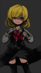 Rule 34 | 1girl, black thighhighs, blonde hair, crescent, dark, embodiment of scarlet devil, ex-rumia, female focus, hko, red eyes, rumia, short hair, simple background, solo, thighhighs, touhou