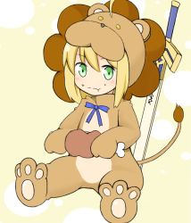 Rule 34 | 1girl, ahoge, animal costume, blonde hair, boned meat, capcom, chibi, excalibur (fate/stay night), fate/stay night, fate/tiger colosseum, fate/unlimited codes, fate (series), food, green eyes, lion costume, meat, saber lion, solo, sword, weapon, yamase