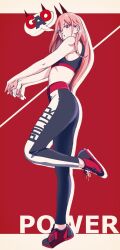 Rule 34 | 1girl, chainsaw man, female focus, full body, gym uniform, highres, horns, long hair, looking at viewer, pants, power (chainsaw man), shoes, sleeveless, sneakers, source request, standing, standing on one leg, tall female, tight clothes, tight pants