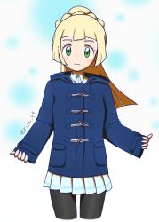 Rule 34 | 1girl, alternate costume, black pantyhose, blonde hair, blue jacket, blunt bangs, blush, braid, closed mouth, collared shirt, commentary request, creatures (company), eyelashes, game freak, green eyes, highres, jacket, lillie (pokemon), long hair, long sleeves, looking at viewer, nintendo, pantyhose, pleated skirt, pokemon, pokemon sm, shiogi (riza 49), shirt, skirt, sleeves past wrists, smile, solo, twitter username, watermark