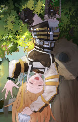 Rule 34 | 1girl, absurdres, arknights, brown hair, ceobe (arknights), dog tail, dress, closed eyes, fang, highres, mal (malqsm), mushroom, rope, snare, suspension, tail, thighhighs, tree, upside-down
