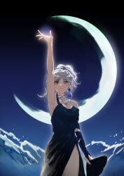 Rule 34 | 1girl, absurdres, arm up, armpits, bare shoulders, blue dress, choker, commentary request, cowboy shot, crescent moon, dress, eternity (reverse:1999), folding fan, hand fan, highres, holding, holding fan, looking at viewer, moon, night, night sky, off-shoulder dress, off shoulder, outdoors, reverse:1999, short hair, side slit, sky, solo, standing, star qiuxinxing, white hair, yellow eyes