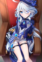 Rule 34 | 1girl, ahoge, asymmetrical gloves, black gloves, blue eyes, blue hair, blue headwear, blue jacket, blush, closed mouth, commentary request, feet out of frame, furina (genshin impact), genshin impact, gloves, grey hair, grey vest, hair intakes, hair over one eye, highres, jacket, knees together feet apart, long hair, long sleeves, looking at viewer, mismatched gloves, multicolored hair, open clothes, open jacket, short shorts, shorts, sitting, skindentation, solo, streaked hair, thigh strap, throne, tilted headwear, very long hair, vest, white gloves, white shorts, yoye (pastel white)